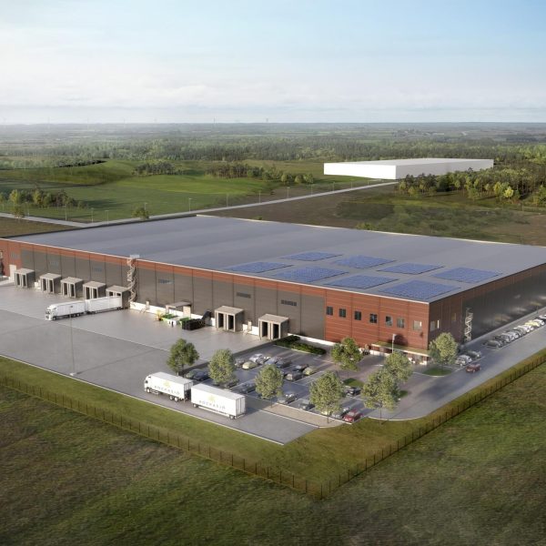 Illustration av en logistikhall med lastportar och parkering