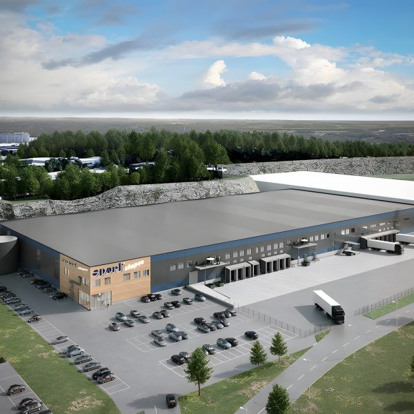 Illustration av en lager- och logistikbyggnad med parkering